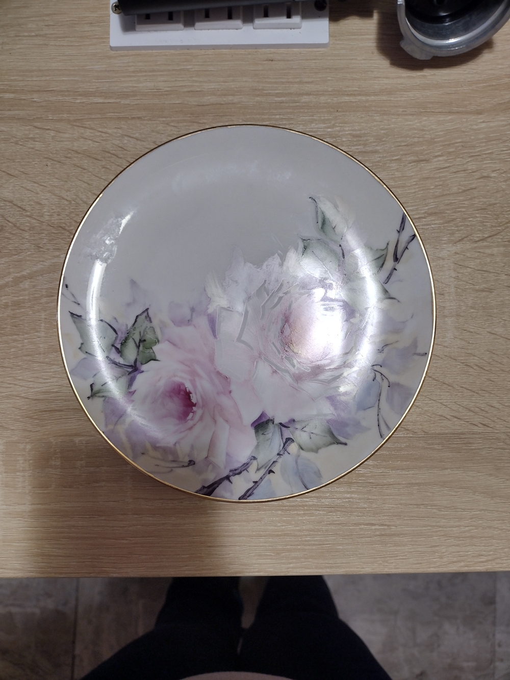 Porcelain Floral Dinner Plate in Soft Pink with Gold Trim